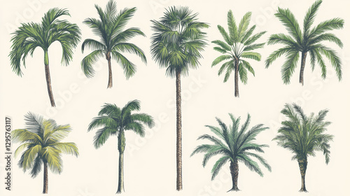 Hand drawn tropical palm trees. Vector set of hawaii beach palm tree, fern and frond outline, botany flora tropical illustration