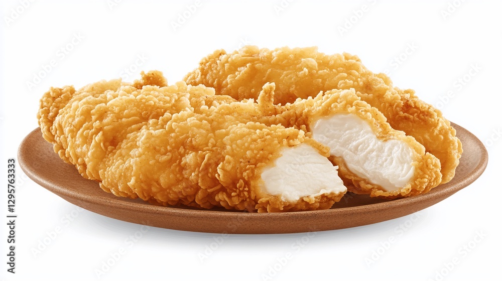 Crispy chicken tenders on plate, studio shot, white background, food menu Crispy chicken tenders on plate, studio shot, white background, food menu