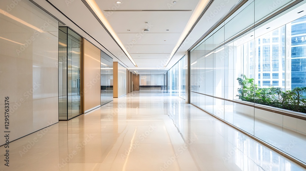 Spacious Modern Office Hallway With Sleek Design and Natural Light Flowing Through Large Windows : Generative AI Spacious Modern Office Hallway With Sleek Design and Natural Light Flowing Through Large Windows : Generative AI