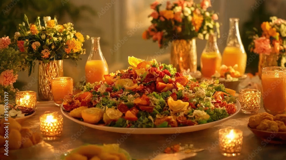 Fototapeta premium A brightly lit table filled with fresh salads