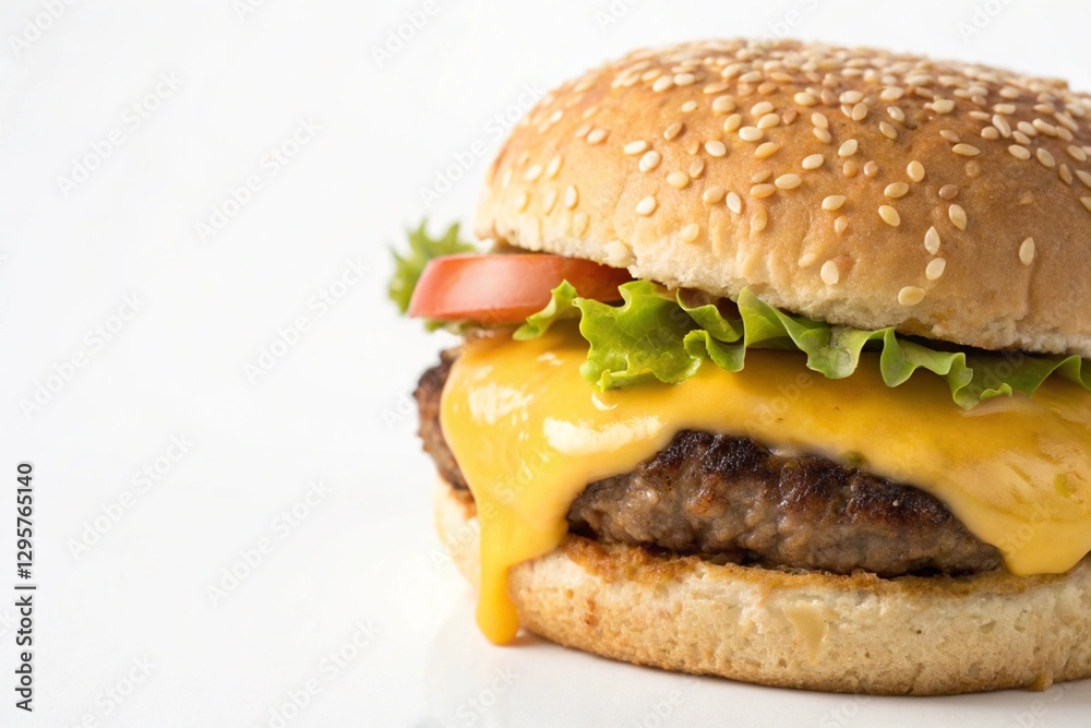 simple cheeseburger with melted cheese and sesame bun on white simple cheeseburger with melted cheese and sesame bun on white
