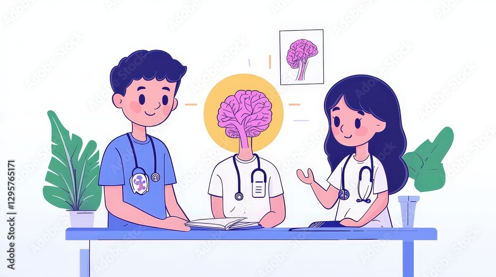 Three medical professionals discussing the study of the human brain Three medical professionals discussing the study of the human brain