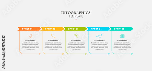 Infographic arrow design business template with icons and 5 options or steps. Can be used for process diagram, presentations, workflow layout, banner, flow chart, info graph