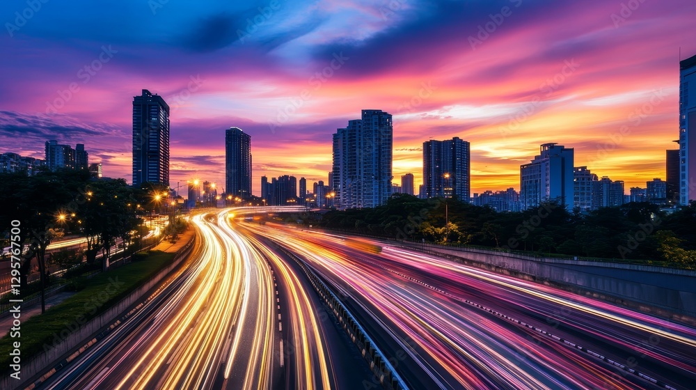 Fototapeta premium Vibrant twilight urban scene with stunning sky colors and dynamic vehicle light trails
