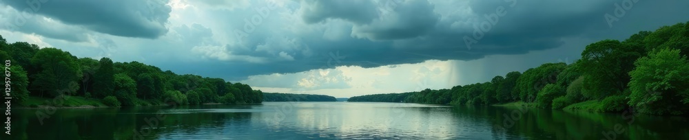 Obraz premium A fleet of grey clouds casts a shadow over the river, greenery, stormy