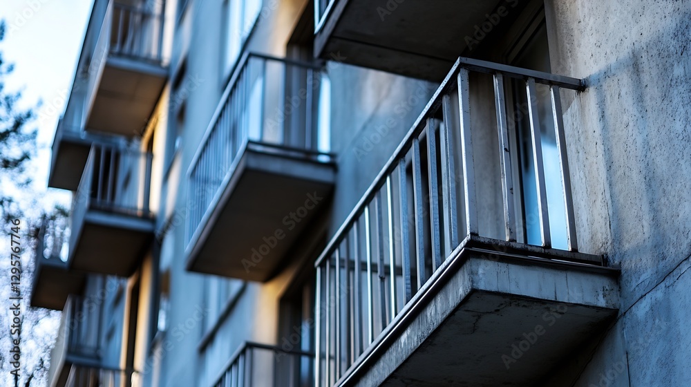 Fototapeta premium Close Up of Modern Apartment Balconies with Reflecting Lights : Generative AI
