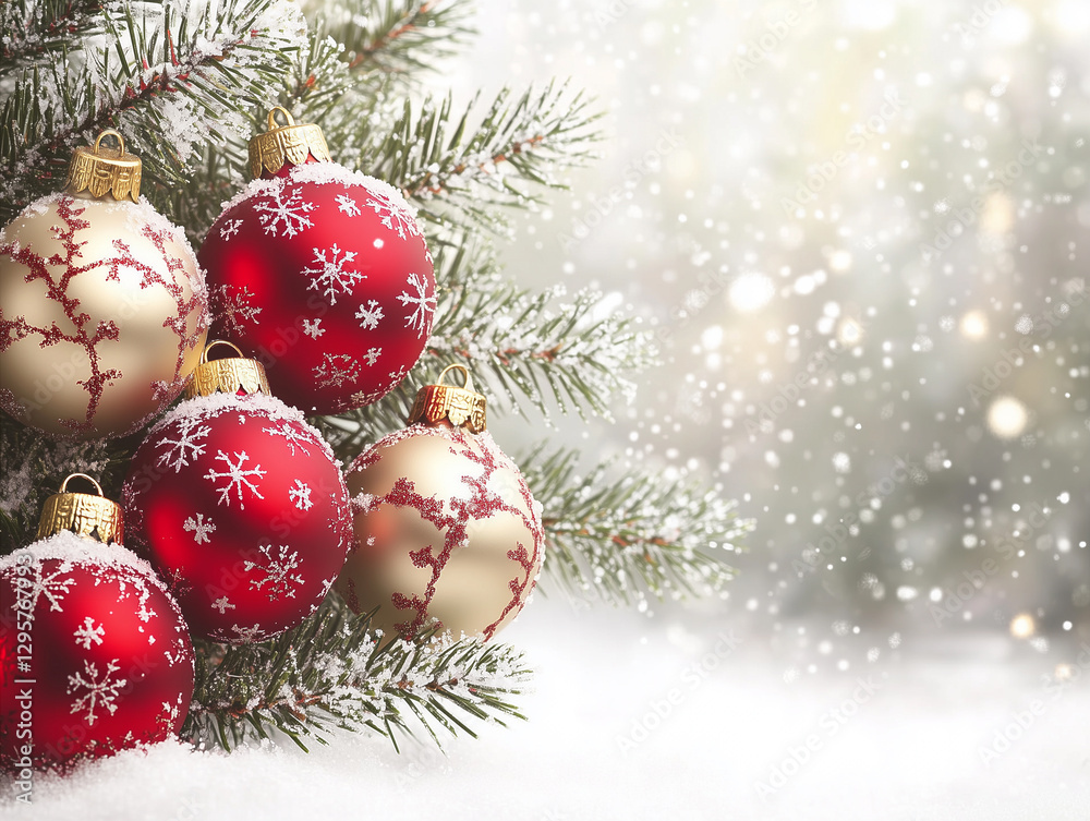 Fototapeta premium Red festive backdrop with spruce branch, New Year greeting