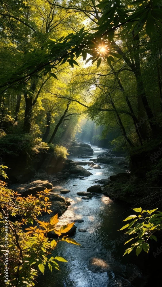 Fototapeta premium Amber light filters through the leaves of a lush forest surrounding a serene river, sunlight, foliage