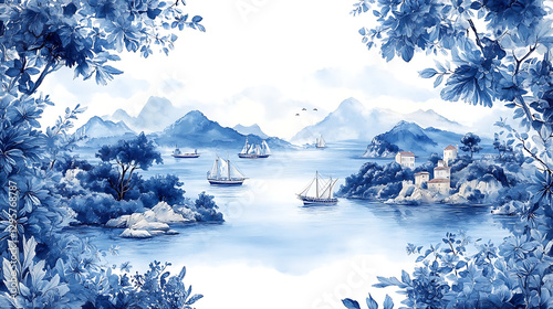 Elegant blue and white nautical landscape featuring ships and islands for decorative background