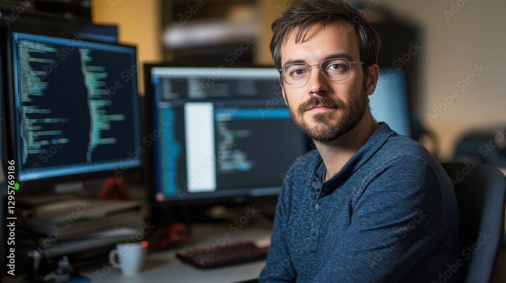 Focused male programmer with glasses sitting in front of multiple computer screens displaying code in a modern workspace environment Focused male programmer with glasses sitting in front of multiple computer screens displaying code in a modern workspace environment