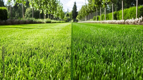 A split image photograph highlighting the striking contrast between an overgrown unkempt lawn and a freshly mowed neatly trimmed grassland