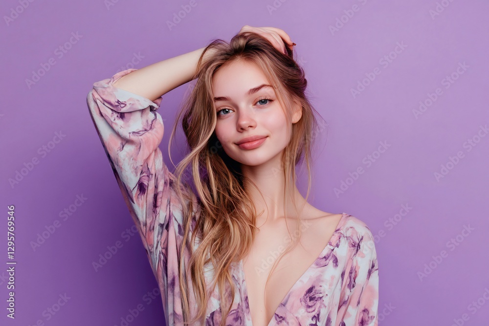 Portrait of pretty young woman in pajamas on violet background Portrait of pretty young woman in pajamas on violet background