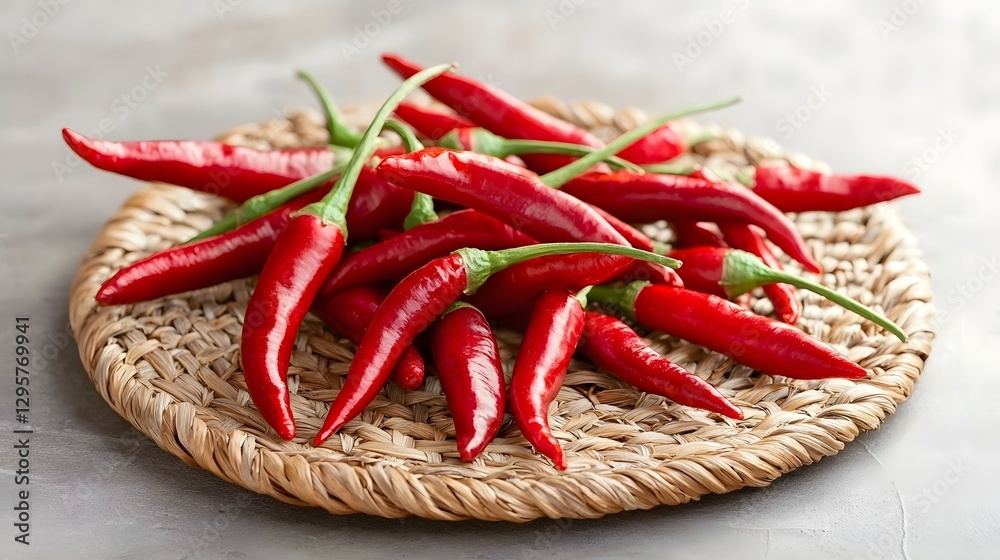 A traditional method of sun drying vibrant red chili peppers on a rustic woven mat showcasing the natural process of preserving this essential culinary ingredient A traditional method of sun drying vibrant red chili peppers on a rustic woven mat showcasing the natural process of preserving this essential culinary ingredient