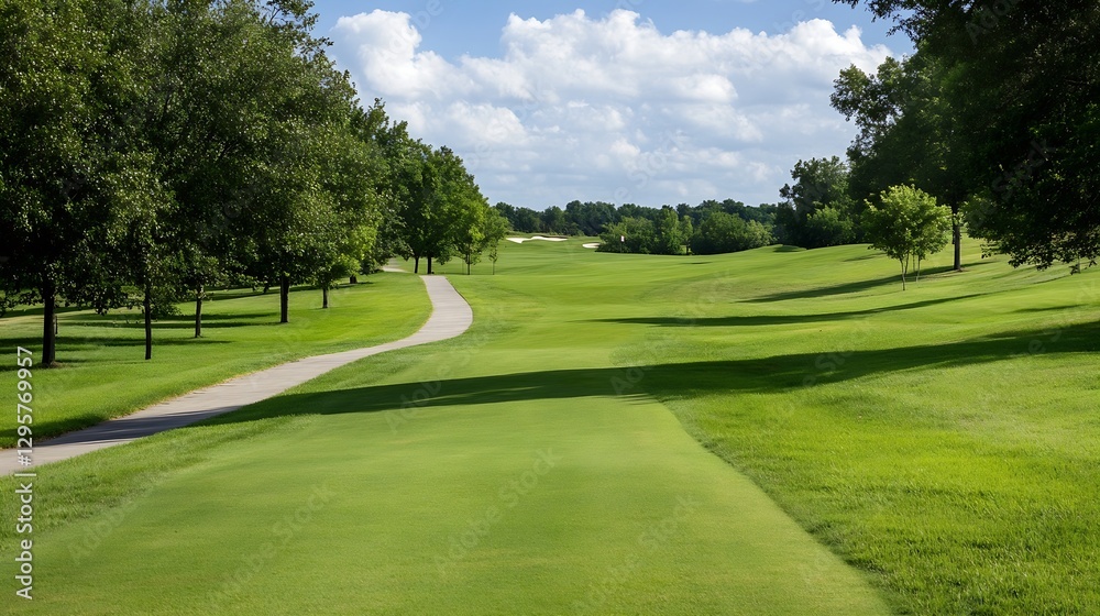 Lush Green Golf Course Pathway Surrounded by Tall Trees and Blue Sky : Generative AI Lush Green Golf Course Pathway Surrounded by Tall Trees and Blue Sky : Generative AI