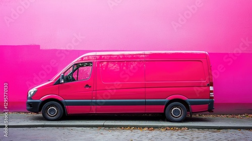 Pink delivery van by vibrant wall. Possible use advertising