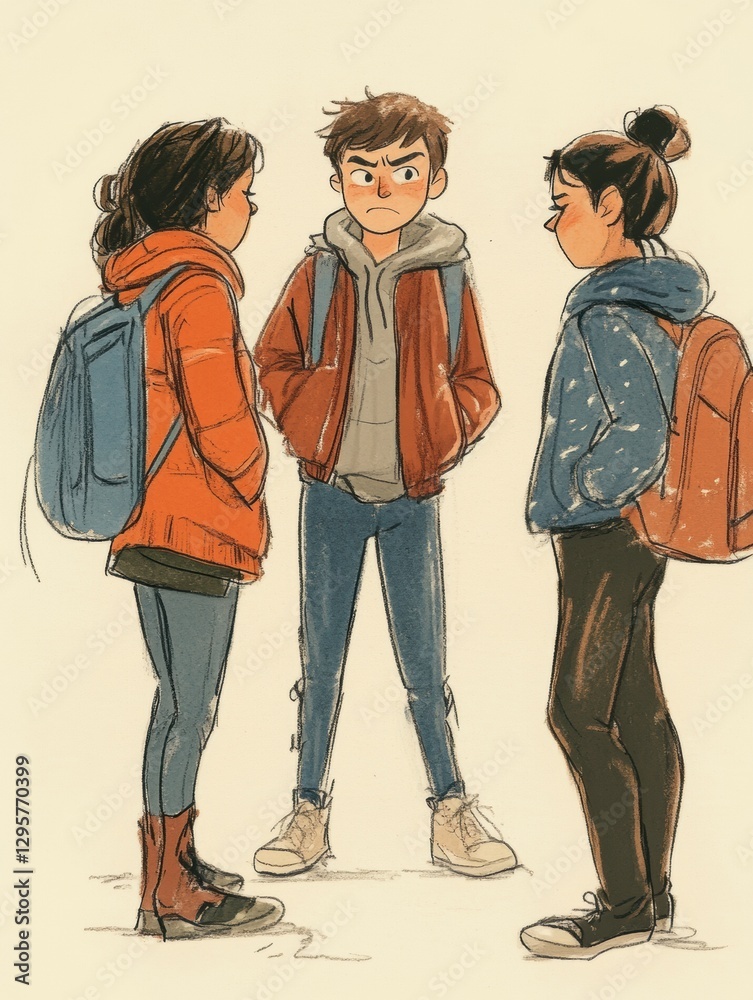 Fototapeta premium Three kids are standing having a conversation