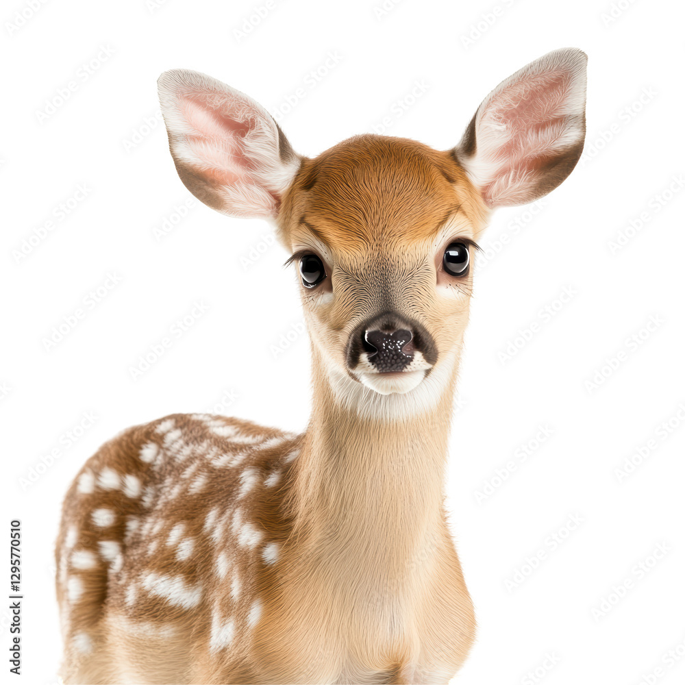Fototapeta premium Adorable Fawn Deer with Spotted Fur Against a White Background Looking Curious and Alert
