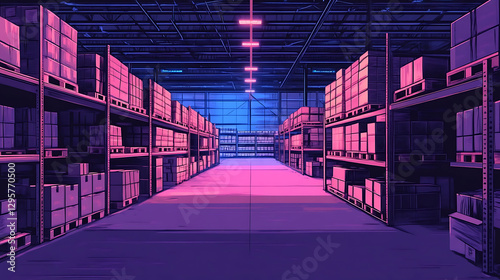 Futuristic warehouse filled with boxes and illuminated shelving for industrial background