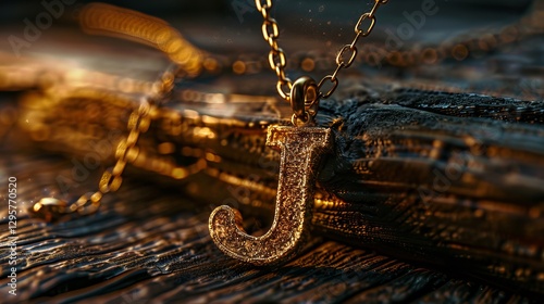 Close-up of a shiny gold letter 'J' pendant on a textured surface, illuminated by soft warm light.