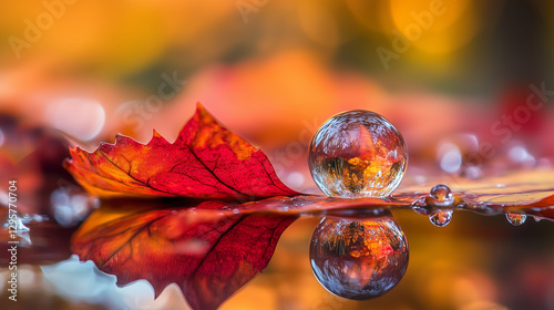 Autumnal Reflections Crystal Orb on Red Leaf in Fall Water