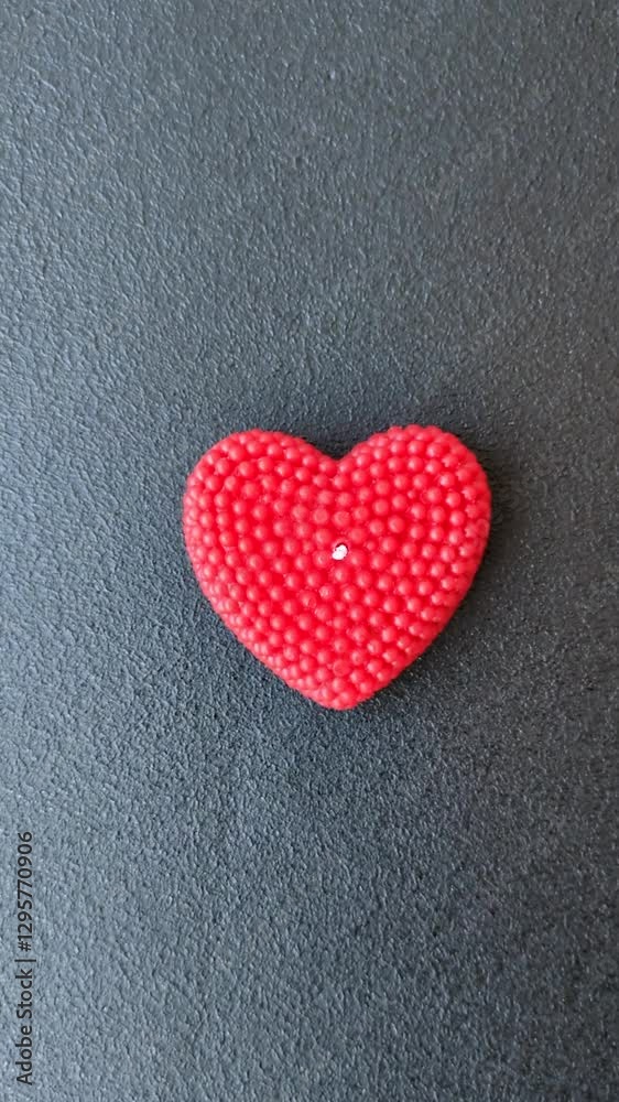 Red wax candle in the shape of a heart as decor for Valentine's Day on a dark concrete background Red wax candle in the shape of a heart as decor for Valentine's Day on a dark concrete background