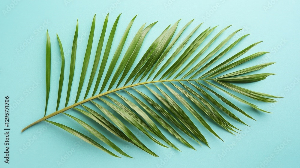 Fototapeta premium Vibrant Lush Palm Leaf Flat Lay Against Turquoise Background
