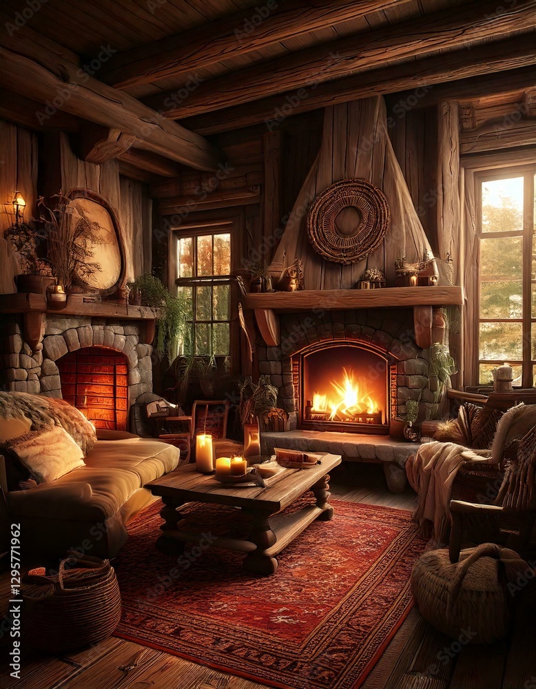 Fototapeta premium A rustic cabin-inspired boho living space with a fireplace and cozy textures.