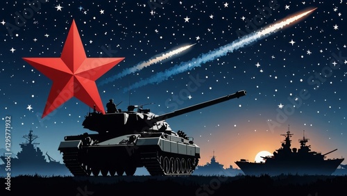 Wallpaper Mural Tank and red star under a starry sky with ships on the horizon at dusk Torontodigital.ca