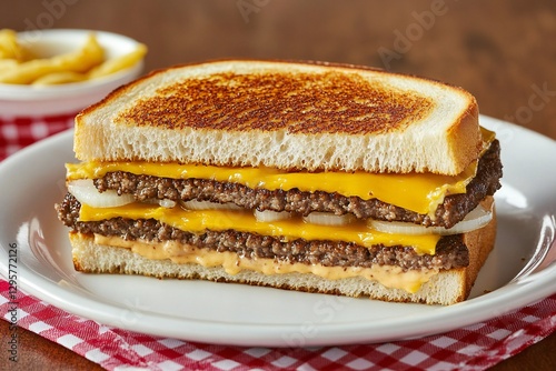 diner-style presentation of a Whataburger patty melt on a white plate with a red gingham napkin. The sandwich is sliced in half to reveal layers of melted cheese, beef, and onions, paired with a side photo