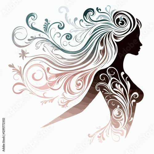 Elegant female silhouette with floral swirls in artistic style