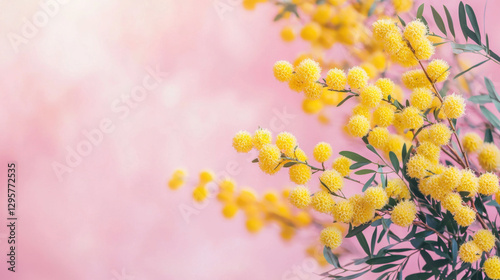 Vibrant mimosa flowers on a pastel pink background, soft-focus artistic photography, romantic and cheerful Womens Day greeting card concept