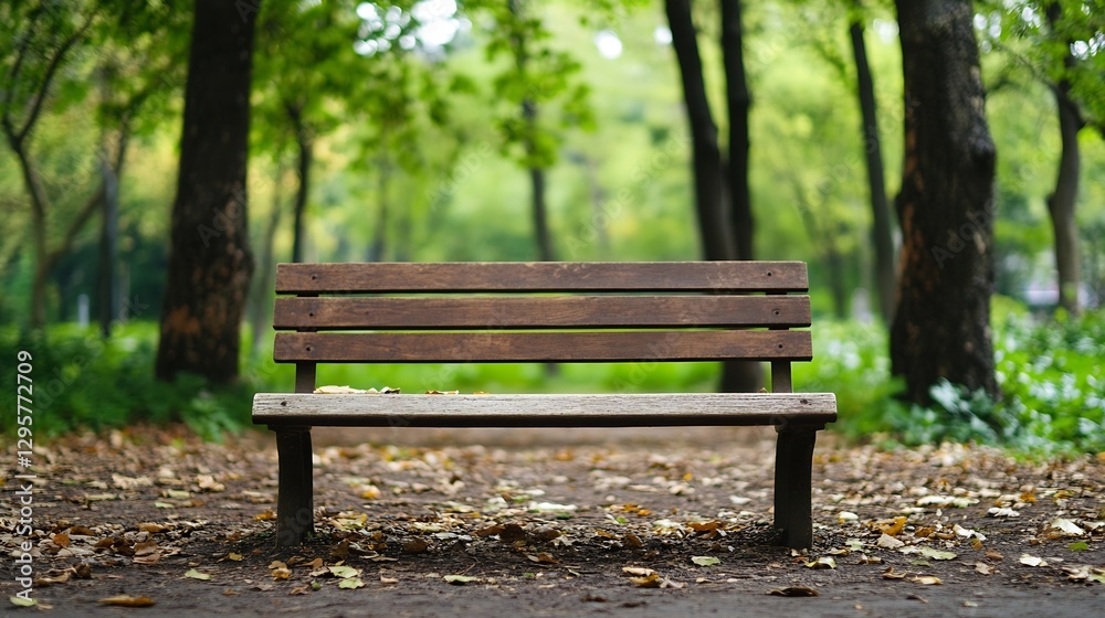 Charming Empty Park Bench Framed by Lush Trees and Autumn Leaves : Generative AI Charming Empty Park Bench Framed by Lush Trees and Autumn Leaves : Generative AI