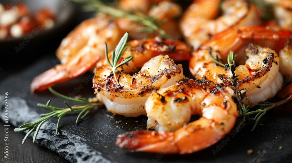 Elegant close up of grilled shrimp appetizers on dark stone platter garnished with spices and herbs Elegant close up of grilled shrimp appetizers on dark stone platter garnished with spices and herbs