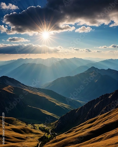 Sun Rays over Mountain Valley Landscape