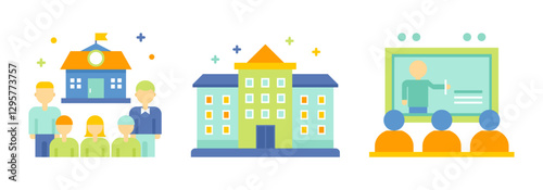 Education concept icons illustrations set. Back to school. People in classroom, school building, learning. Teacher is giving a lesson to the students.