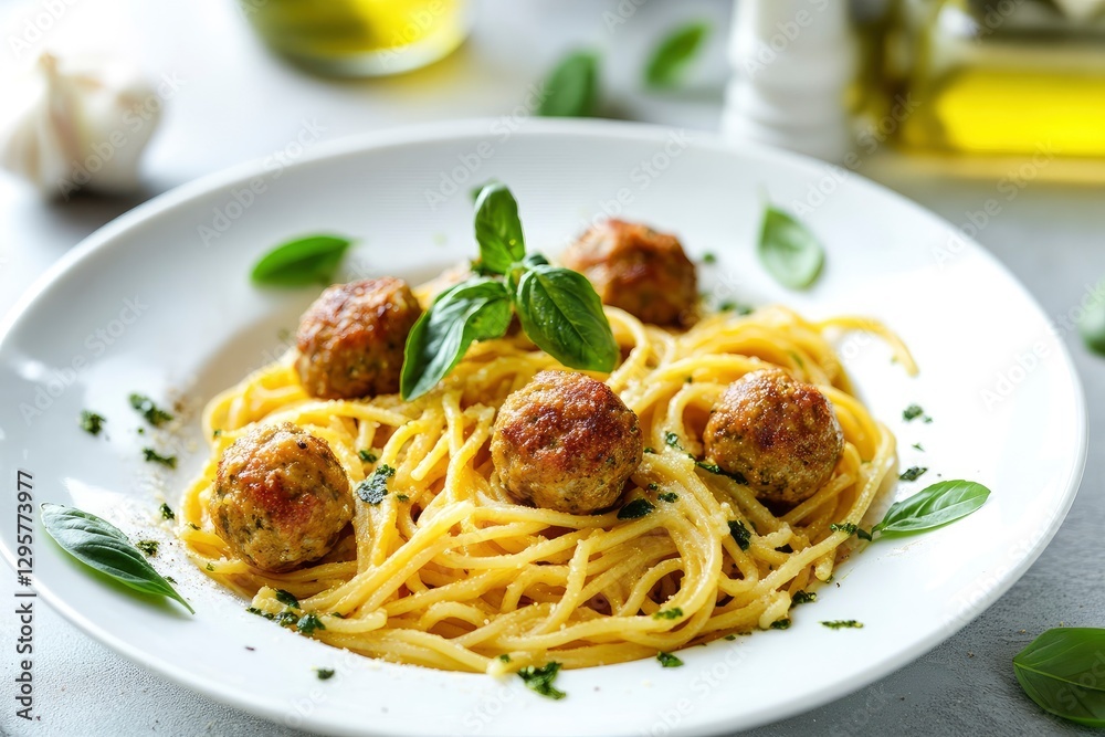 Saffron pasta with meatballs on a white plate Saffron pasta with meatballs on a white plate