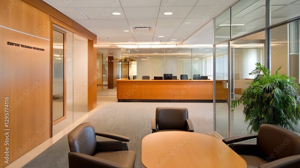 Fototapeta premium Minimalist Office Interior Featuring Glass Walls and Cozy Meeting Area : Generative AI