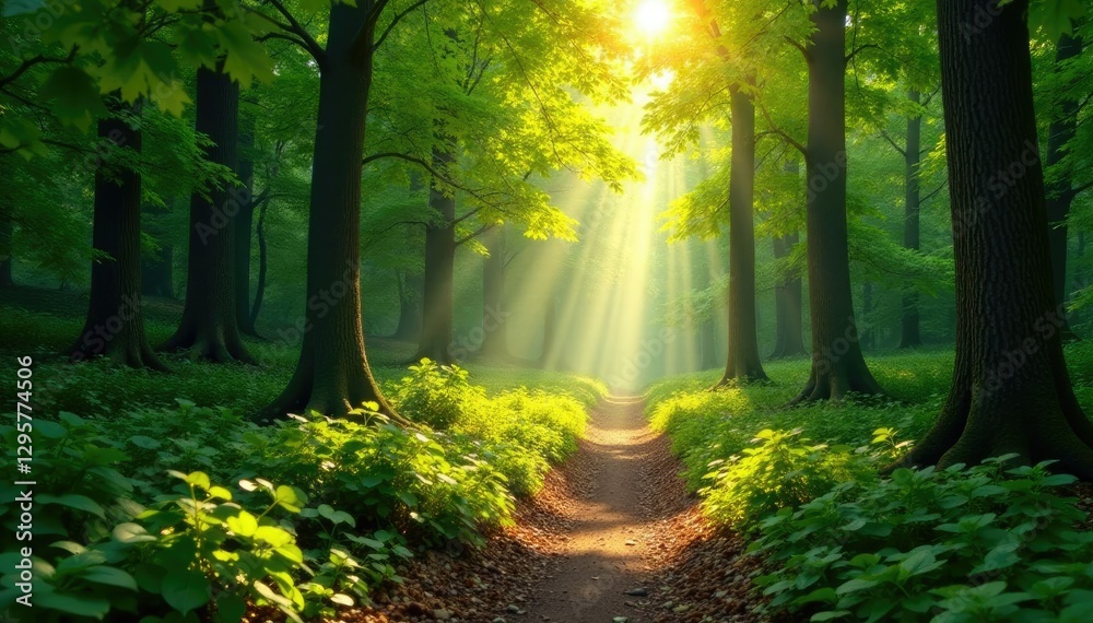 Obraz premium Forest trail with sunlight filtering through leaves, leaves, trails