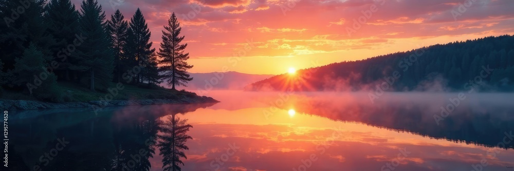 Obraz premium Forest trees reflected in calm lake water during sunset, lake, sunset