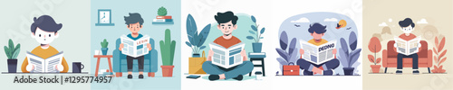 boy character vector reading newspaper
