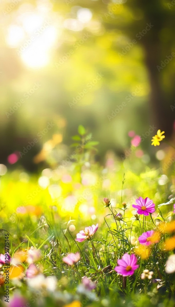 Fototapeta premium Serene spring landscape with colorful flowers glowing in sunlight amidst nature s beauty