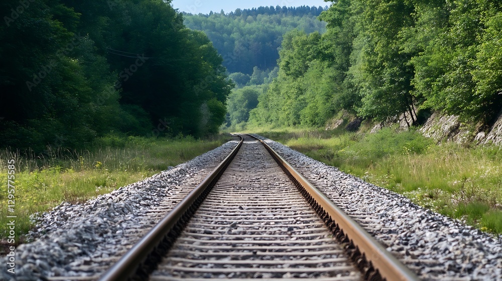 Fototapeta premium Scenic View of Train Tracks Surrounded by Lush Green Forest on a Sunny Day : Generative AI