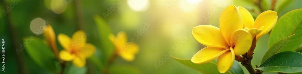 Obraz premium Frangipani flowers swaying gently in the breeze and sunlight, frangipani flower, yellow, greenery