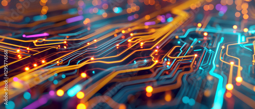 A vibrant close-up of a circuit board, showcasing colorful pathways and lights, highlighting technology and innovation.