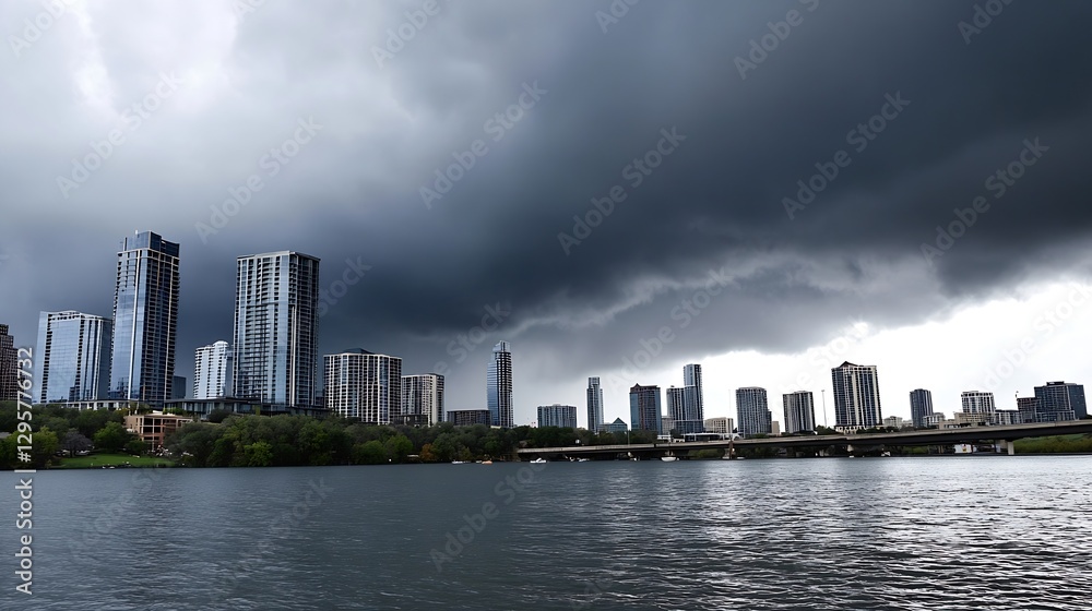 Stormy Sky Over City Skyline with Dark Clouds and Urban Reflection : Generative AI Stormy Sky Over City Skyline with Dark Clouds and Urban Reflection : Generative AI