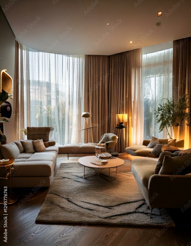Fototapeta premium A minimalist smart home living room where curtains, lighting, and furniture adjust dynamical
