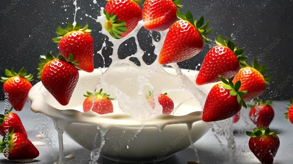 Vibrant strawberries splashing into cream
Concept of freshness, indulgence, dynamic action