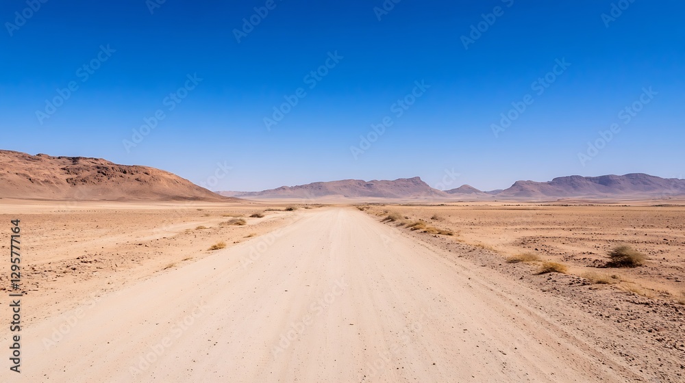Desert Road Leading Through Vast Dry Landscape Under Clear Blue Sky : Generative AI Desert Road Leading Through Vast Dry Landscape Under Clear Blue Sky : Generative AI