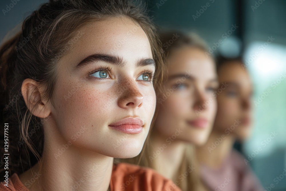 Three young women focus intently during a training session at a modern facility in the late afternoon Three young women focus intently during a training session at a modern facility in the late afternoon