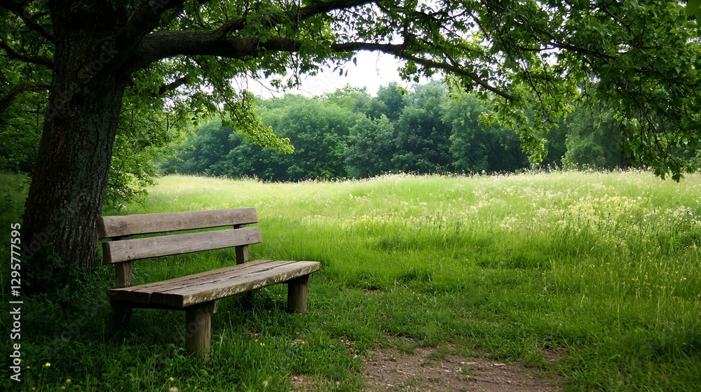 Solitary Wooden Bench Under a Tree Surrounded by Lush Green Grass and Calm Nature : Generative AI Solitary Wooden Bench Under a Tree Surrounded by Lush Green Grass and Calm Nature : Generative AI